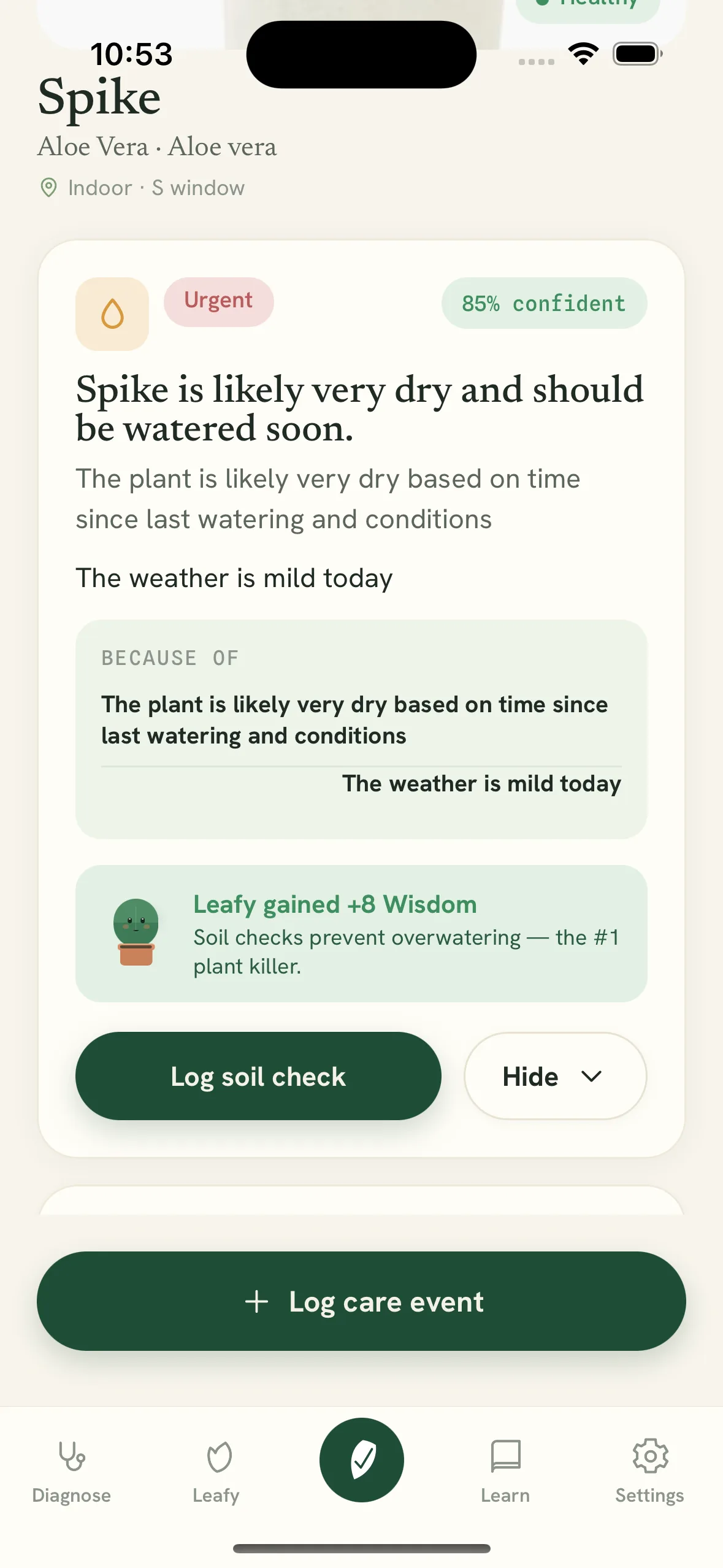 Leafwise plant status showing weather-aware watering recommendation