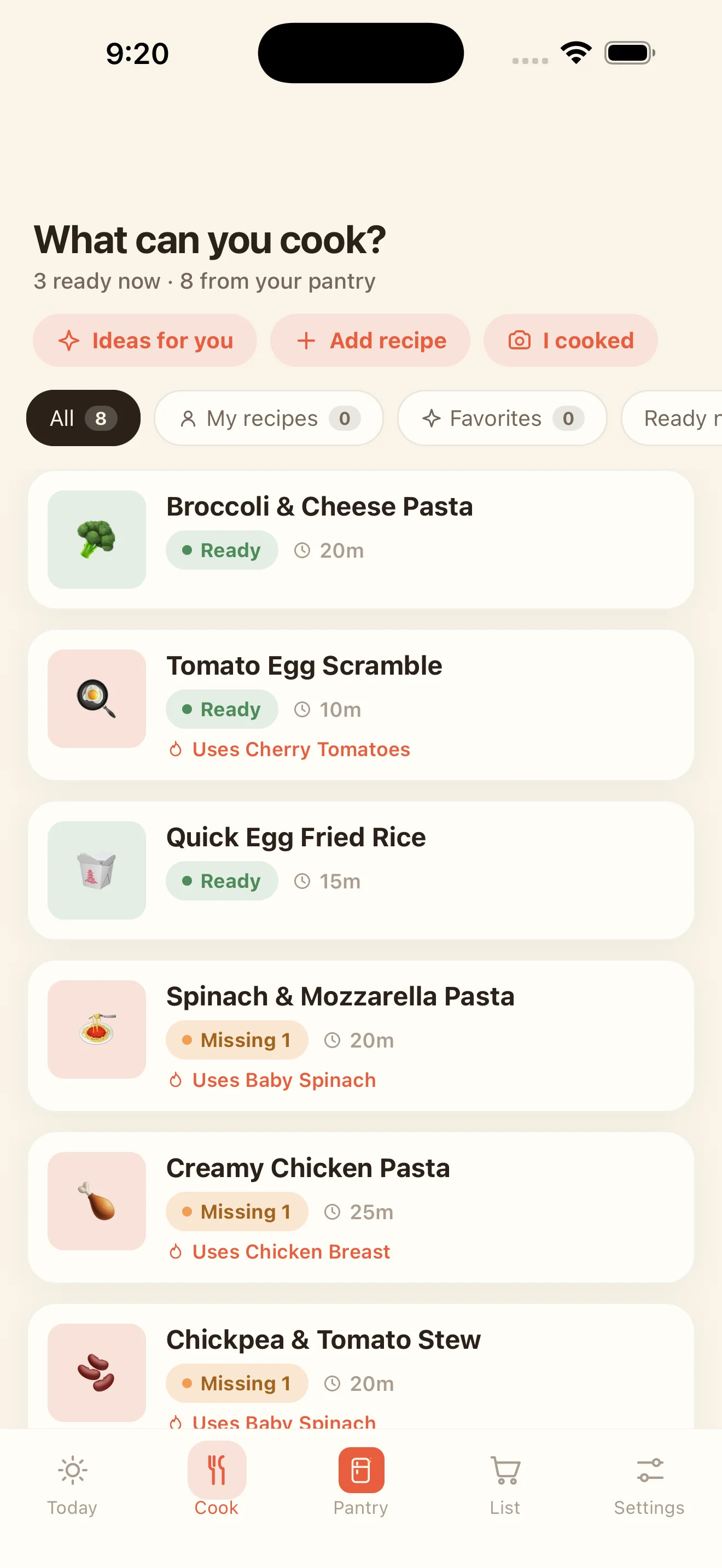 Stock.ed Cook screen with recipes based on available ingredients