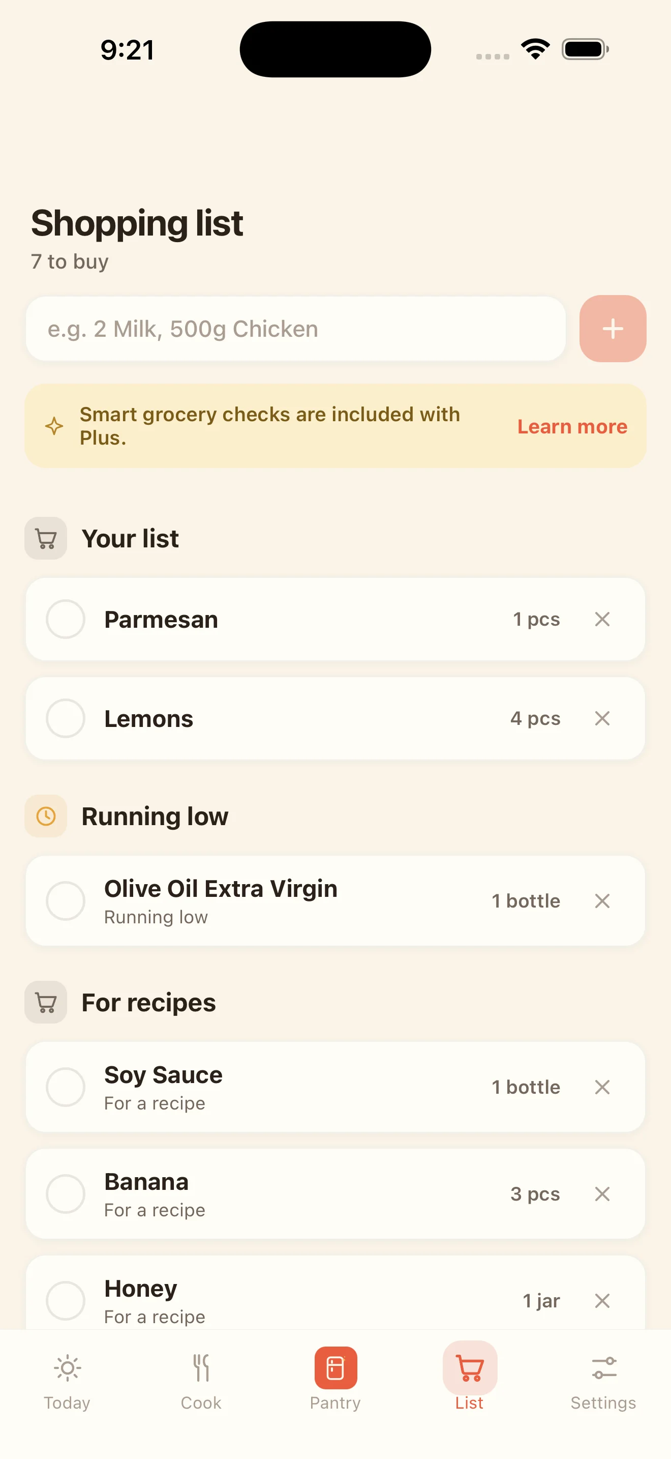 Stock.ed Shopping List screen connected to kitchen inventory