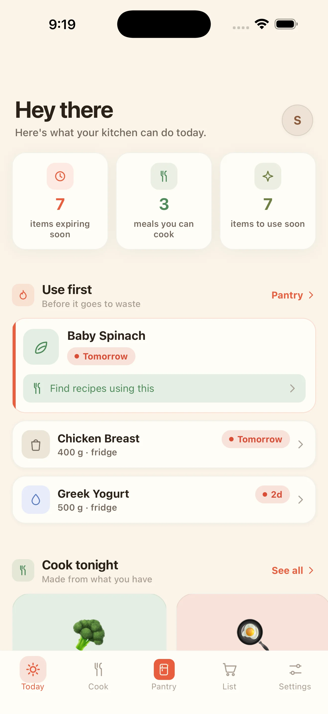 Stock.ed Today screen showing kitchen inventory and expiring items